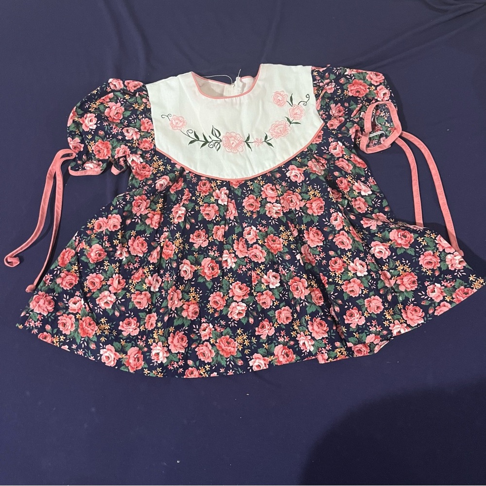 Vintage Baby Dress Short Sleeve Floral Print 12 Months